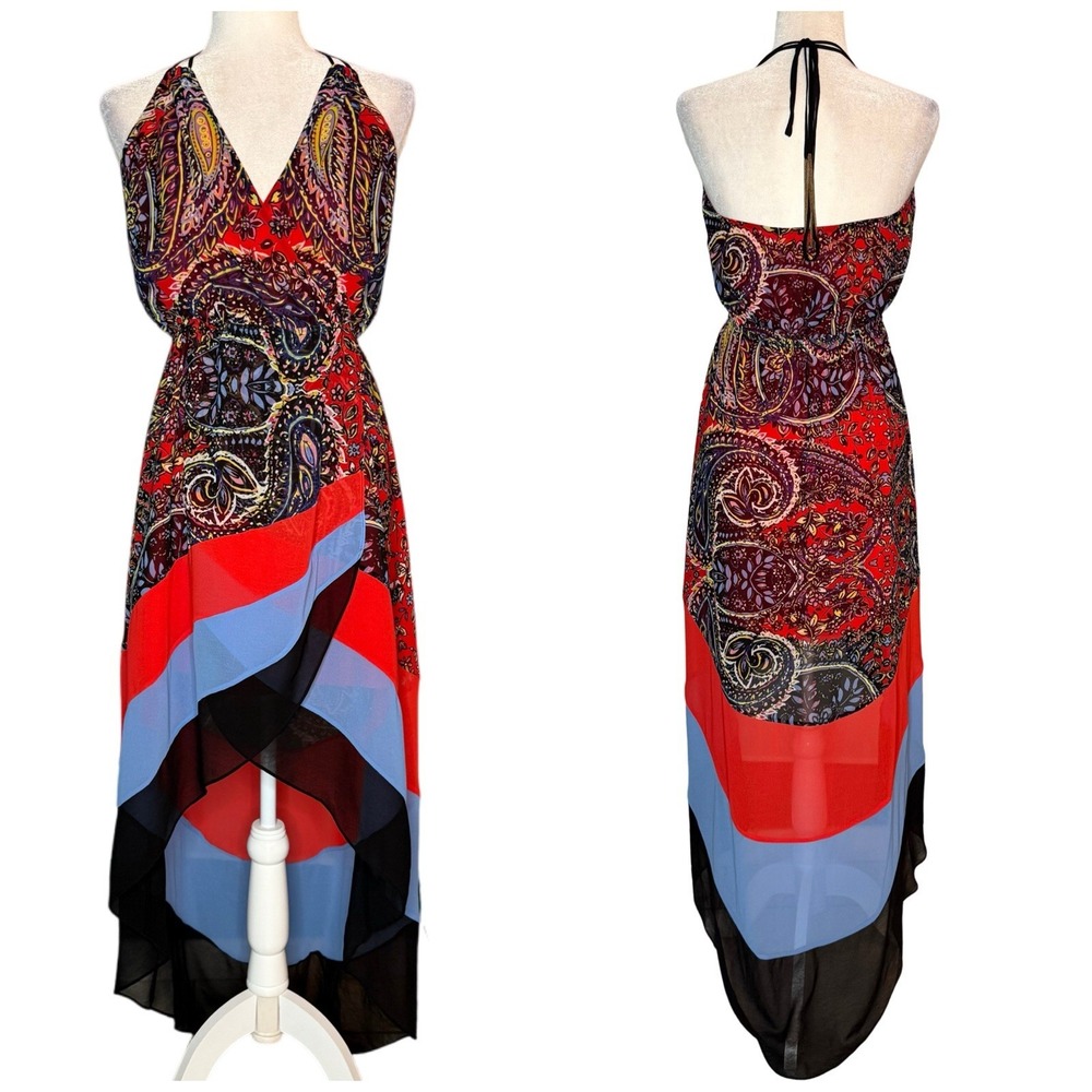 NWT Bebe M Faux Wrap Chiffon Dress Halter Top Asymmetrical Hem Beaded Tassels